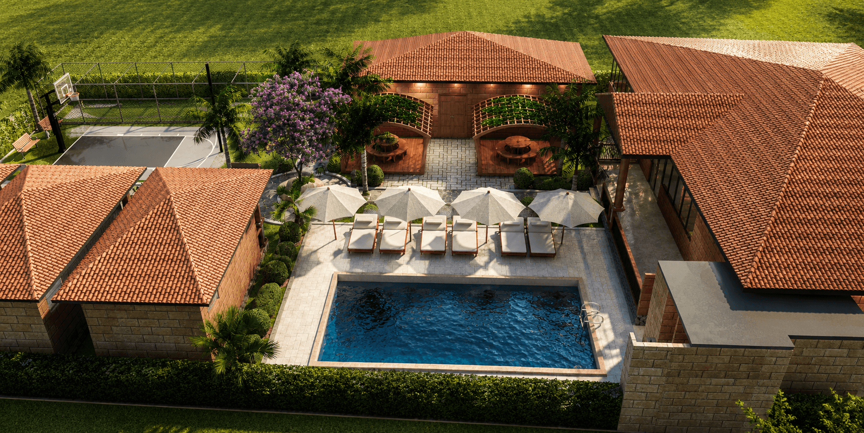Habitat Farms clubhouse and pool — project render