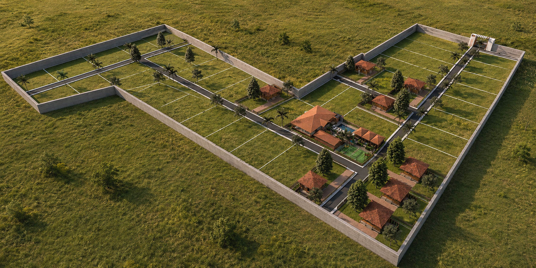 Habitat Farms planned green plots and tree-lined roads — project render