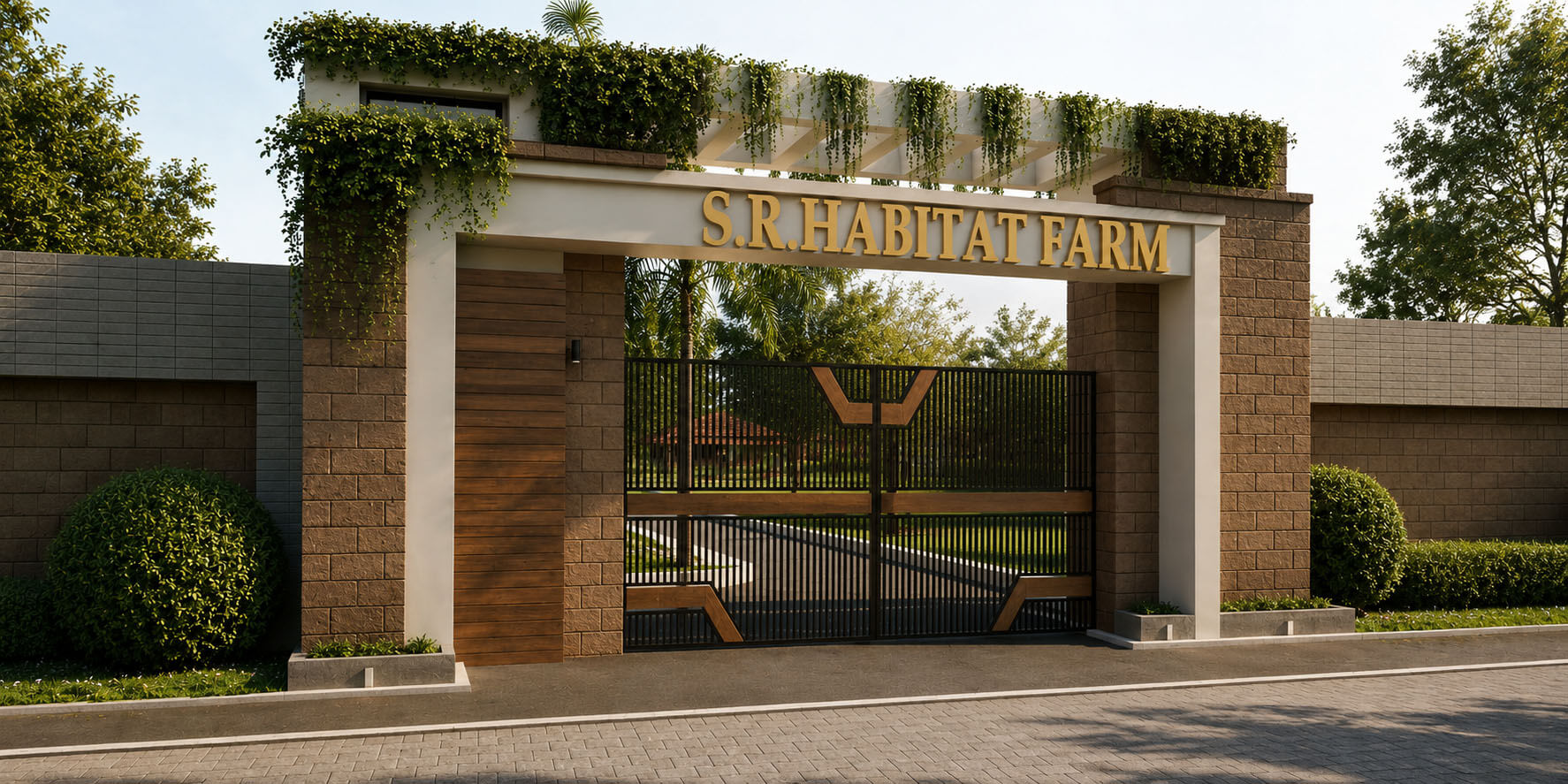 S.R. Habitat Farm entrance arch with gold lettering and landscaped gates